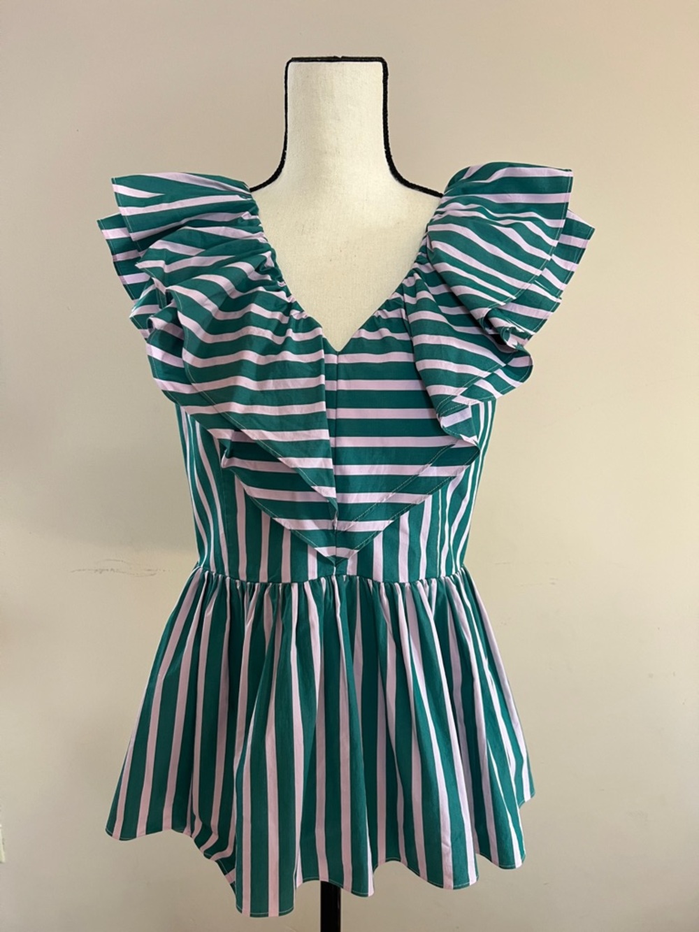 ✅🏁👛🏳️‍⚧️Halogen Green & Pale Pink Striped Ruffle Peplum Top
